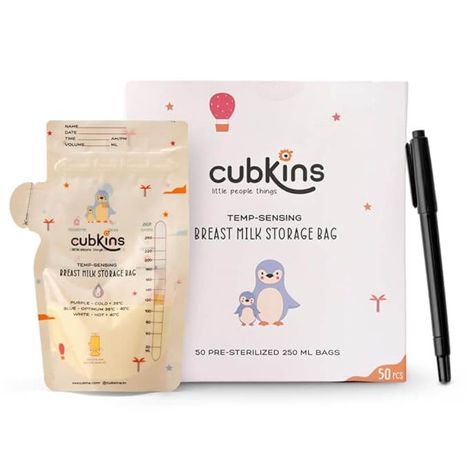 CUBKINS Breast Milk Storage Bags (Pack of 50) | Pre-Sterilized | Smart Temp Sensor | BPA Free | Single Use | Leak Proof Double Zip | Separate Fill & Pour Spouts | 250 ml Capacity | Marker Included